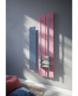 Sèche-serviette radiateur eau chaude contemporain design Anteso V rose mat avec une barre bleu mat