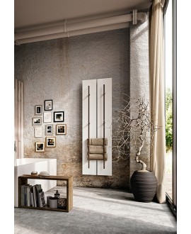 Sèche-serviette radiateur électrique design salle de bain contemporain Anteso V blanc mat avec une barre marron