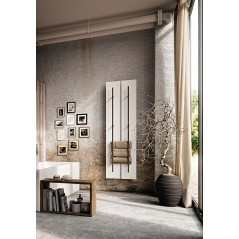 Sèche-serviette radiateur électrique design salle de bain contemporain Anteso V blanc mat avec une barre marron