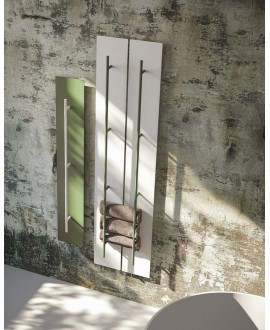 Sèche-serviette radiateur électrique design salle de bain contemporain Anteso V vert mat avec une barre blanche