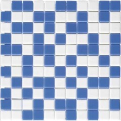 Emaux de verre bleu et blanc piscine mosaique salle de bain combi-3 2.5x2.5cm sur trame.