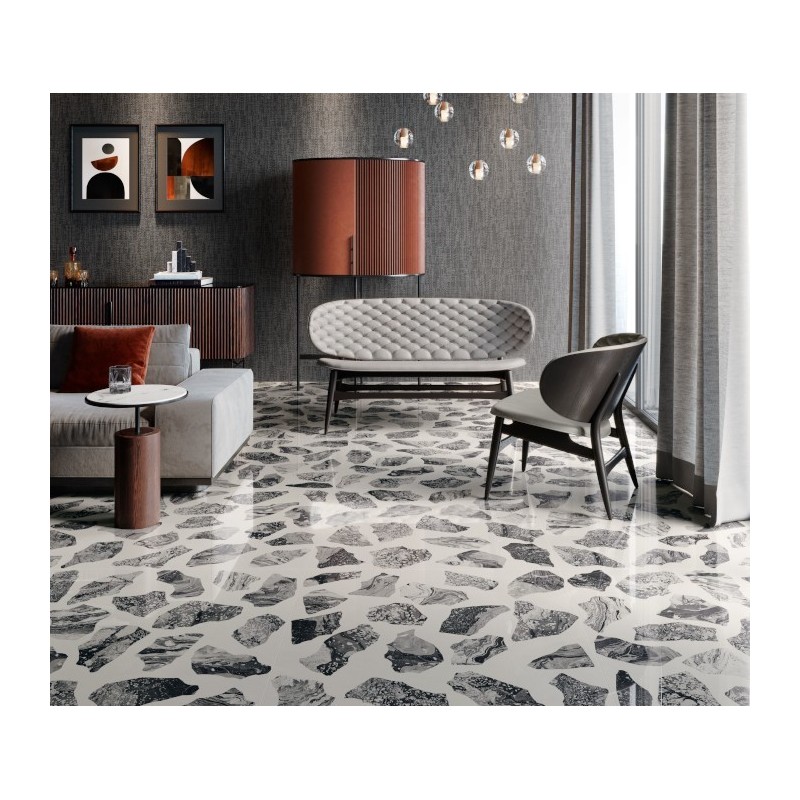 Carrelage imitation terrazzo et granito poli brillant noir 90x90cm rectifié, I santapalladian moon