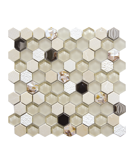 Mosaique salle de bain, crédence de cuisine hexagone de verre et pierre beige 30,2x30,5cm mohexagono
