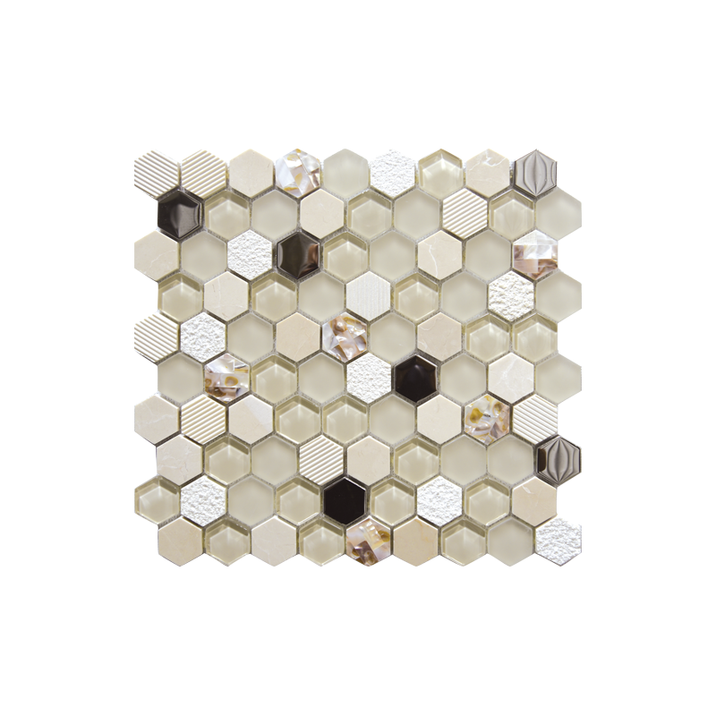 Mosaique salle de bain, crédence de cuisine hexagone de verre et pierre beige 30,2x30,5cm mohexagono