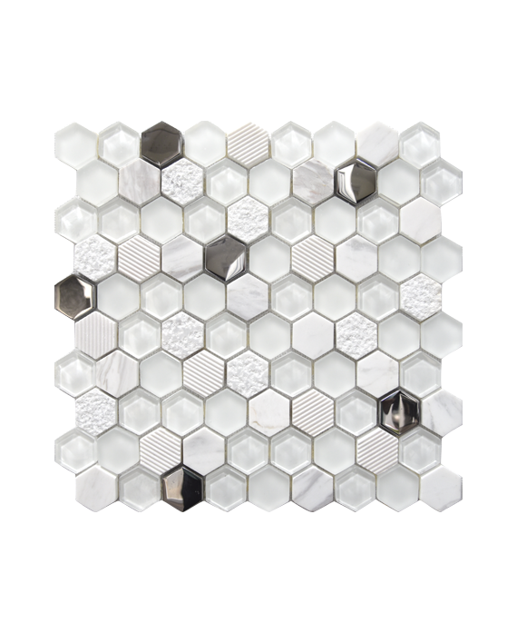 mosaique crédence de cuisine, salle de bain hexagone de verre et pierre blanc 30,2x30,5cm mohexagono