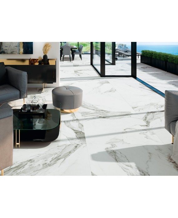 Carrelage imitation marbre blanc veiné de noir mat, salon, XXL 100x100cm rectifié, Porce1808 Bruselas