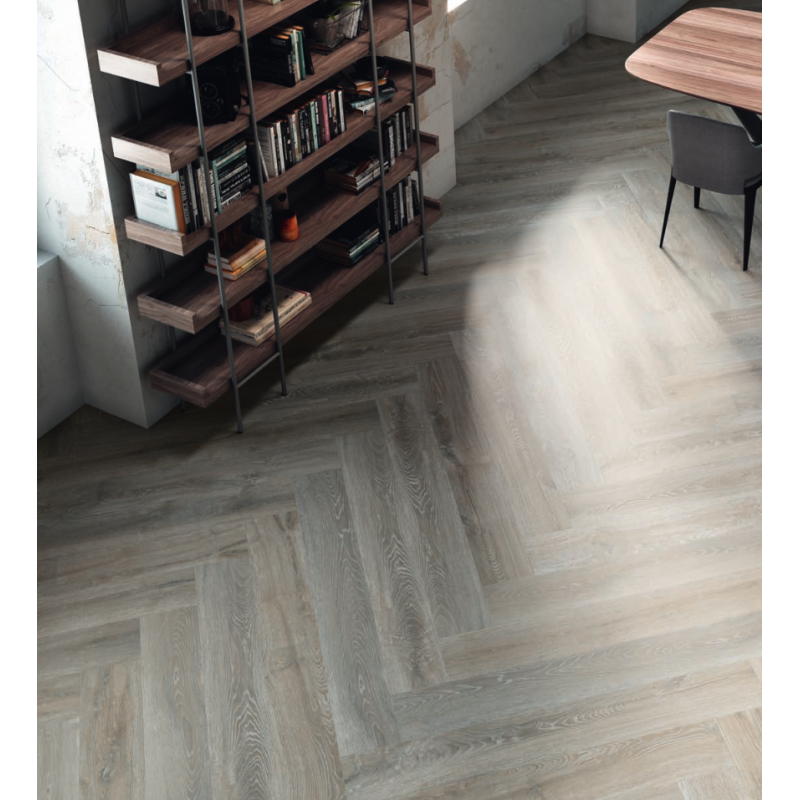 Carrelage imitation parquet gris cérusé mat,posé en chevrons, 21x147.5cm rectifié, Porce6635 balmoral fresno