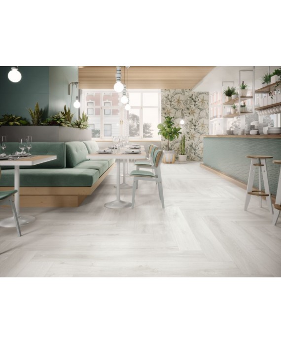 Carrelage imitation parquet blanc mat, restaurant, 21x147.5cm rectifié, Porce6623 balmoral nordica