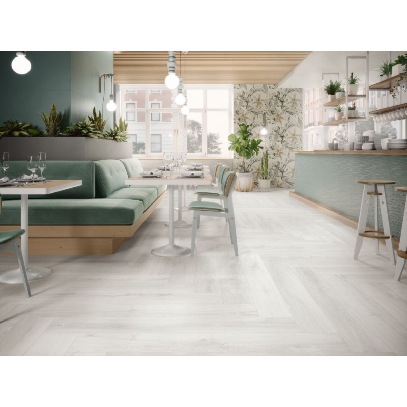 Carrelage imitation parquet blanc mat, restaurant, 21x147.5cm rectifié, Porce6623 balmoral nordica