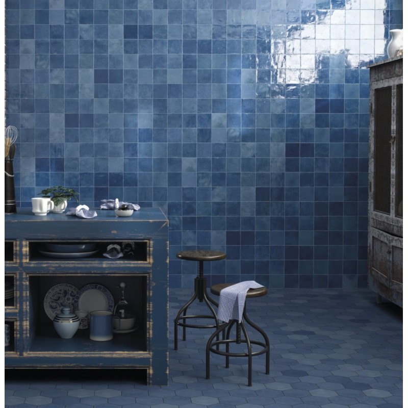 Carrelage Effet Zellige bleu brillant nuancé 13x13x1cm, apesouk bleu