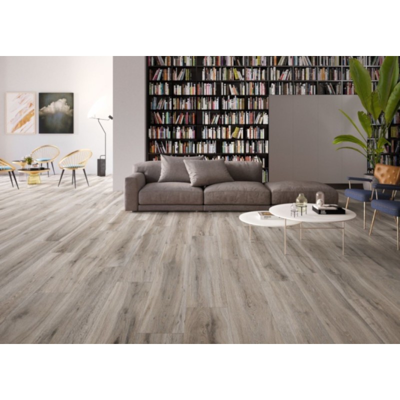 Carrelage imitation parquet clair couleur gris clair moderne, sol et mur rectangulaire, 20x120cm rectifié, santabwood ash