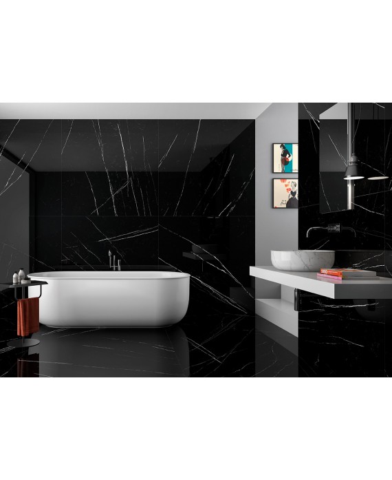 Carrelage imitation marbre poli brillant noir rectifié, 60x120cm Géonit noir.