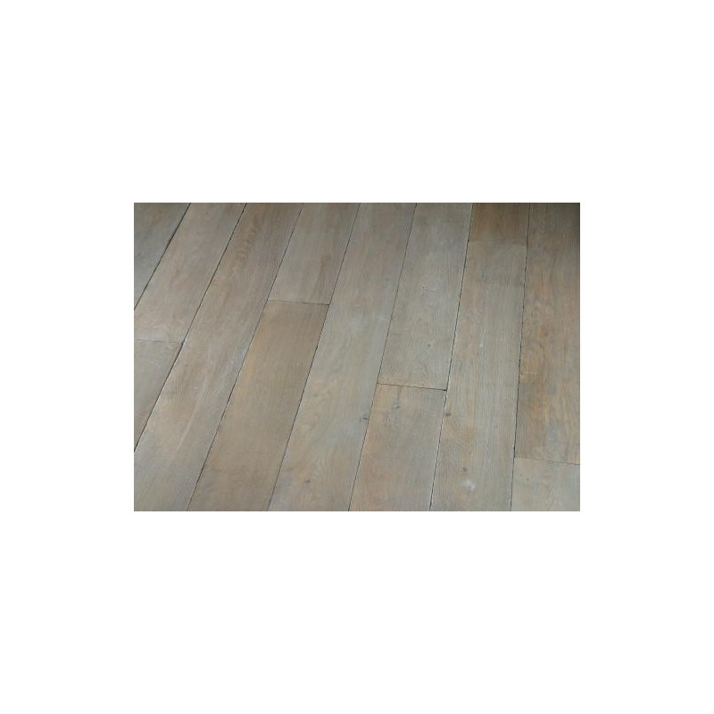 Plancher chêne massif ancien parquet vieilli finition gris pastel, grande largeur 190 mm forte épaisseur 21mm