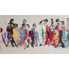 Peinture moderne, tableau contemporain figuratif,acrylique sur toile 150x50cm représentant des hommes qui marchent en couleur