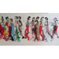 Peinture moderne, tableau contemporain figuratif,acrylique sur toile 150x50cm représentant des hommes qui marchent en couleur