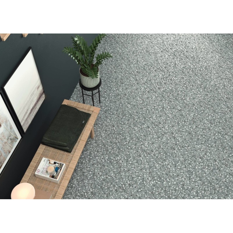 Carrelage hexagone imitation granito gris mat tomette 23x27cm, duresix terrazzo gris