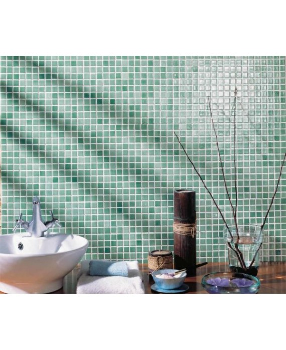 Emaux de verre vert clair nuancé salle de bain mosaique piscine mosbr-3001 2.5x2.5x0.4cm sur trame.