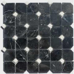 mosaique salle de bain D octogone marbre noir avec cabochon blanc sur trame 30.5x30.5x1cm