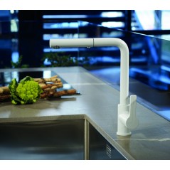 Mitigeur évier blanc mat design robinet contemporain avec douchette en laiton extractible 1 jet F7029NOTBS norme NF.