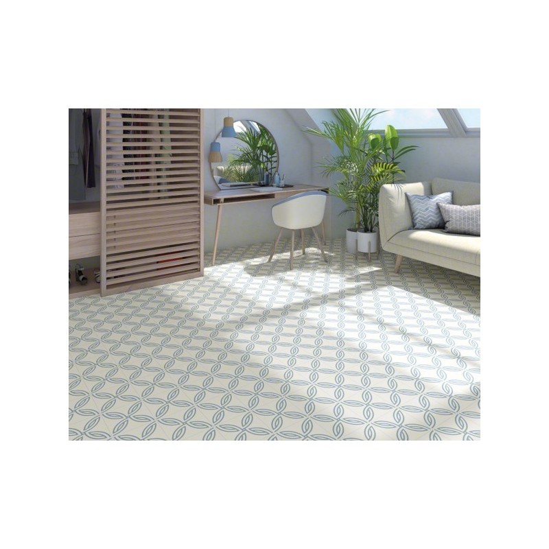 Carrelage décor bleu sur fond blanc rectifié 20x20cm V andrassy blanc