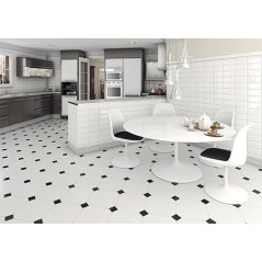 Carrelage V alaska octogone blanc mat cuisine 31.6x31.6cm avec cabochon noirs 6.7x6.7cm