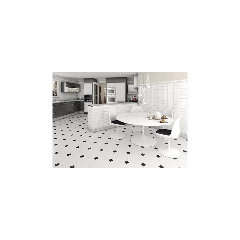 Carrelage V alaska octogone blanc mat cuisine 31.6x31.6cm avec cabochon noirs 6.7x6.7cm