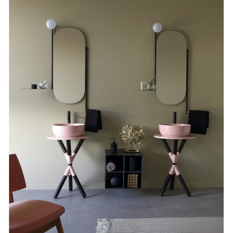 Meuble console de salle de bain bois foncé et céramique rose avec une vasque ronde à poser rose mat scarcross 54