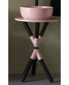 Meuble console de salle de bain bois foncé et céramique rose avec une vasque ronde à poser rose mat scarcross 54