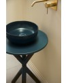 Meuble console de salle de bain bois fonçé et céramique avec une vasque ronde à poser vert scarcross musk 55 mat
