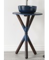 Meuble console de salle de bain bois fonçé et céramique bleu avec une vasque ronde à poser bleu mat scarcross 56