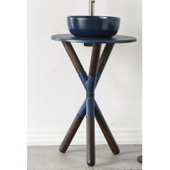 Meuble console de salle de bain bois fonçé et céramique bleu avec une vasque ronde à poser bleu mat scarcross 56