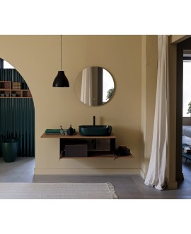 Meuble console de salle de bain métal noir NROP et bois 89 120x50cm avec une vasque scarglam verte musk 55 56x39cm scarslide