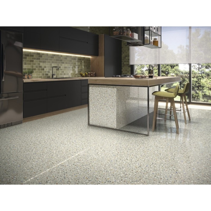 Carrelage imitation terrazzo beige mat avec grain de couleur rectifié 60X60X1cm apepoca silken bone