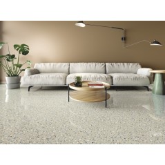 Carrelage imitation terrazzo beige poli brillant avec grain de couleur rectifié 60X60X1cm apepoca bone