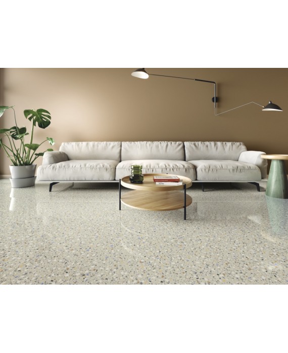 Carrelage imitation terrazzo beige poli brillant avec grain de couleur rectifié 60X60X1cm apepoca bone