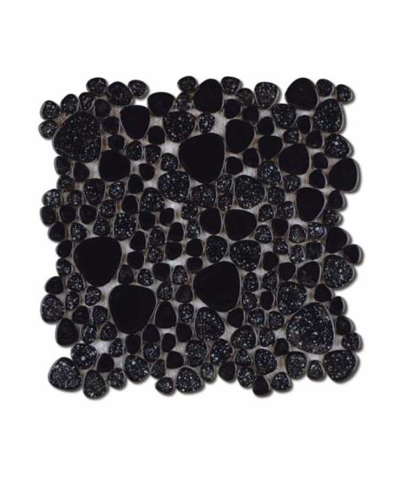 Galet de céramique noir moucheté brillant sur trame 26x26cm épaisseur 5mm dif