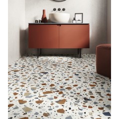 Carrelage effet terrazzo mat 90x90cm et 120x120cm rectifié sur fond blanc, santadeconcrete maxi deco white