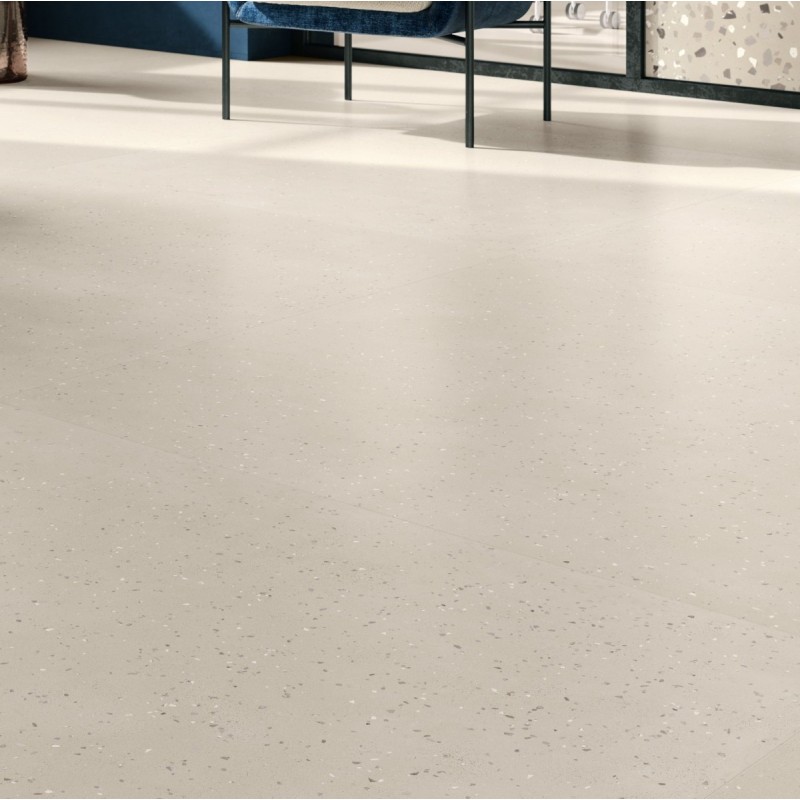 Carrelage effet terrazzo mat 60x60cm, 90x90cm et 120x120cm rectifié sur fond taupe, santadeconcrete micro sand