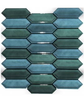 Mosaique mini navette 3.5x11cm en relief trio bleu vert craquelé brillant sur trame 30,5x30.5x0.8cm D nid d'abeille