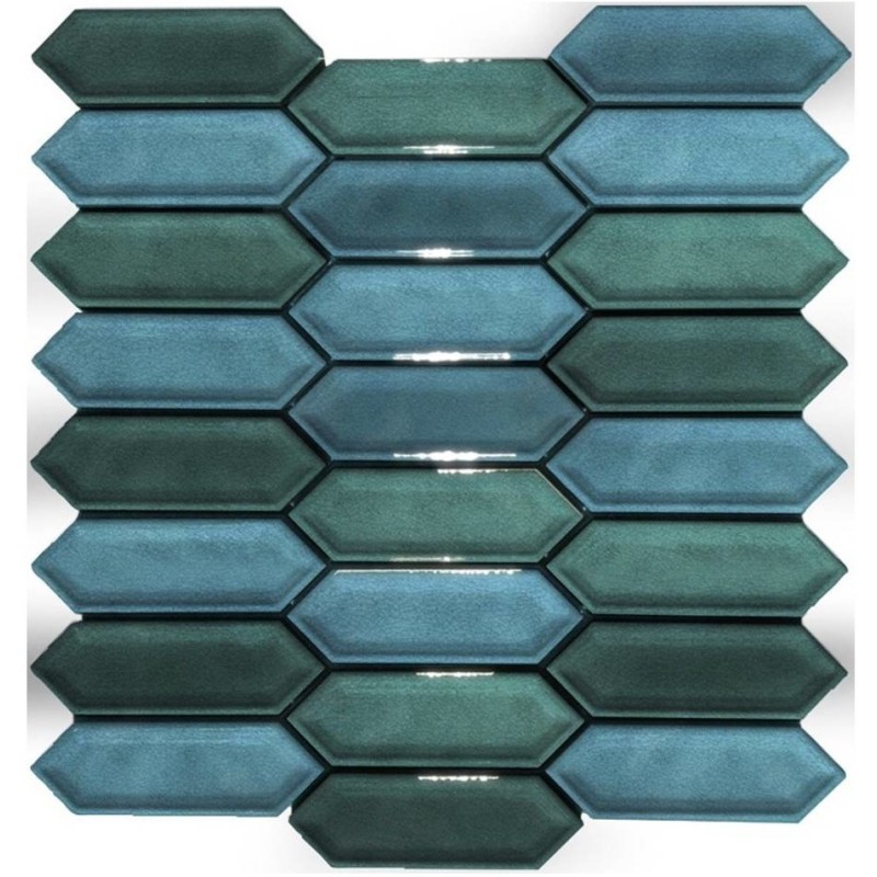 Mosaique mini navette 3.5x11cm en relief trio bleu vert craquelé brillant sur trame 30,5x30.5x0.8cm D nid d'abeille