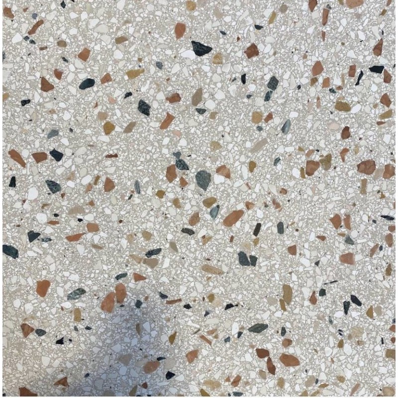 Carrelage terrazzo veritable bleu noir et beige sur fond gris brillant 60x60x2cm D granito smarties.