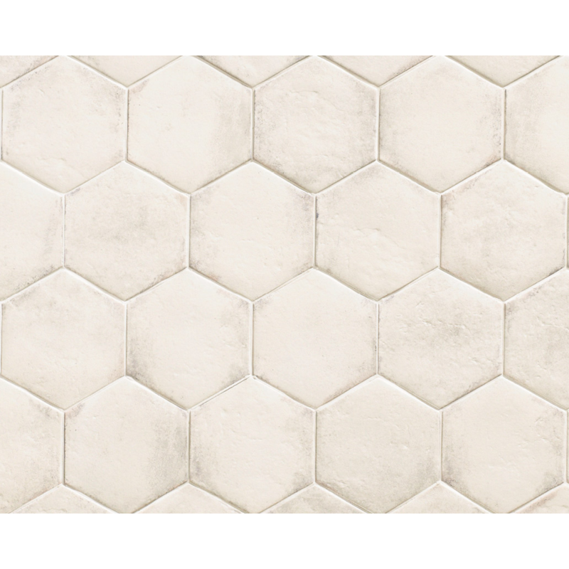 Carrelage blanc brillant sol et mur hexagone 18x20.5cm, barette 7x45cm, carré 11x11cm nattempo rice