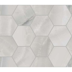 Mosaique hexagone imitation marbre translucide poli gris brillant 30x34.5cm sur trame santakoya cl silver kry