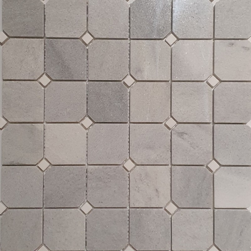 Mosaique salled e bain décor marbre gris et cabochon blanc poli brillant sur trame 30x30cm victoria gris