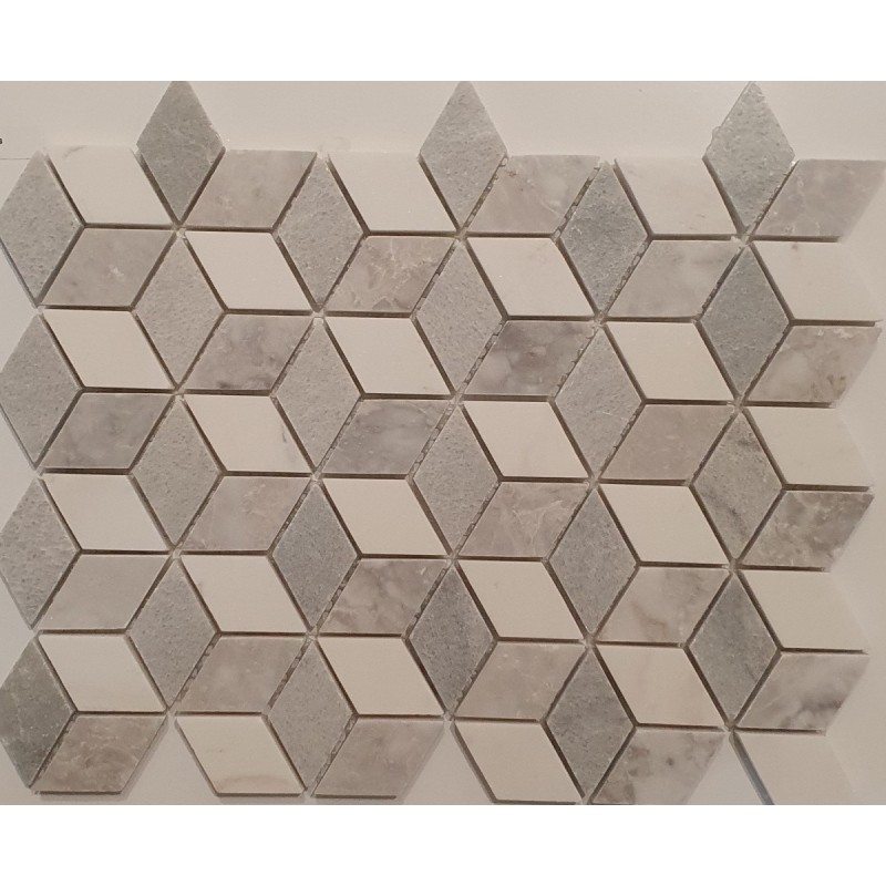 Mosaique salle de bain losange marbre blanc et gris poli brillant sur trame 28.5x22.5cm mocubogris