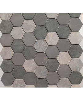 Mini tomette hexagonale marbre gris nuancé mat sur trame salle de bain cuisine 28.5x31.5cm mos kubu