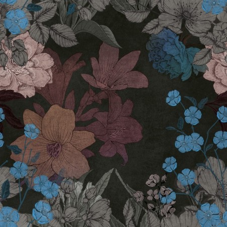 Papier peint vinyle FABULA_INKBIAA2001-1, fleurs de couleur sur fond noir , sur mesure