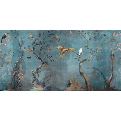 Papier peint en fibre de verre pour mur de salle de bain IBIS_INKUAHB1902b, oiseaux sur fond bleu