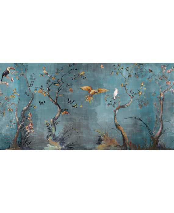 Papier peint en fibre de verre pour mur de salle de bain IBIS_INKUAHB1902b, oiseaux sur fond bleu