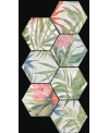 Carrelage hexagone tomette décor fleurs sur fond blanc mat, sol et mur, 23x27cm, duresix aruba blanco